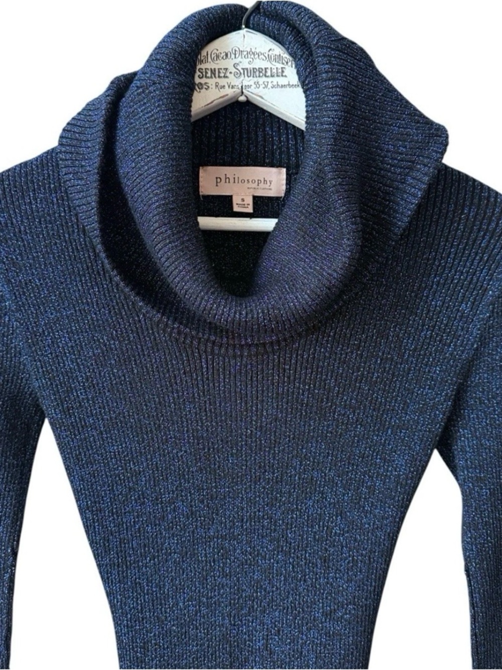 Philosophy Navy Blue Sparkle Shimmer Cowl Neck Knit Sweater Size S